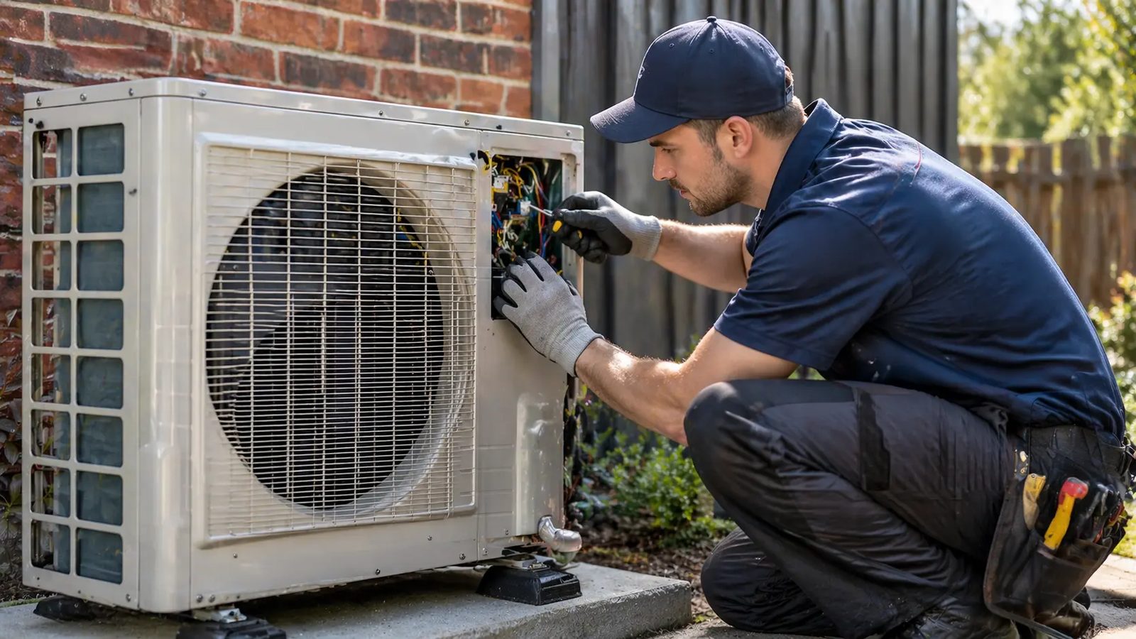 Technician servicing an outdoor air conditioning unit