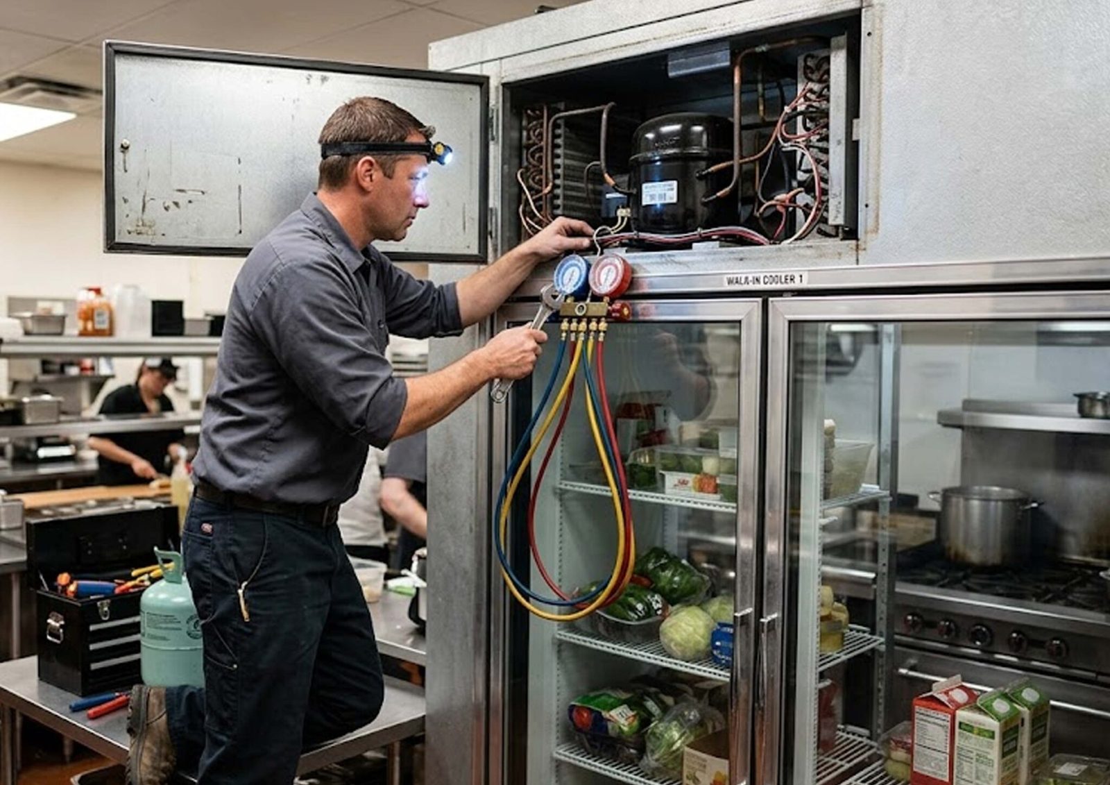 Technician servicing a commercial walk-in cooler